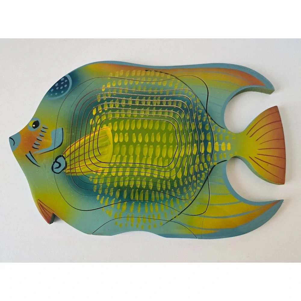Vintage Hand Painted Wooden Collapsible Fish Basket Tropical Nautical Decor 12in